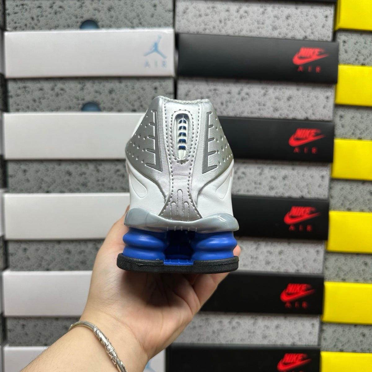 Nike Shox R4 White, Metallic Silver, and Royal Blue