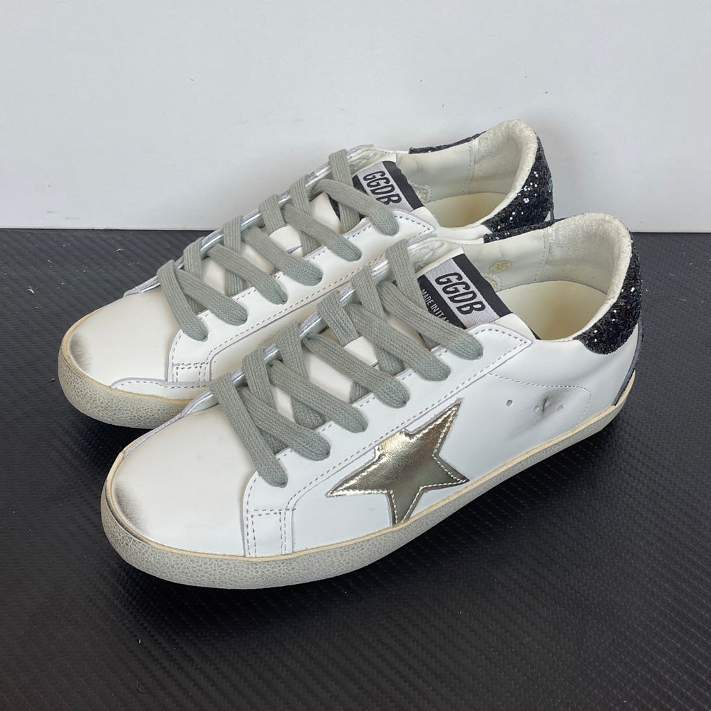 Women's Golden Goose Super-Star Golden Star and black glitter heels tab