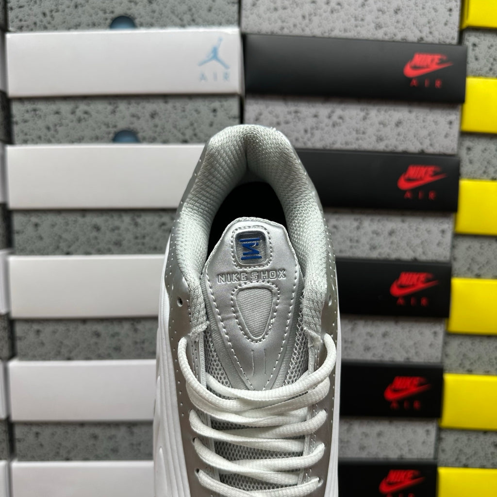 Nike Shox R4 White, Metallic Silver, and Royal Blue