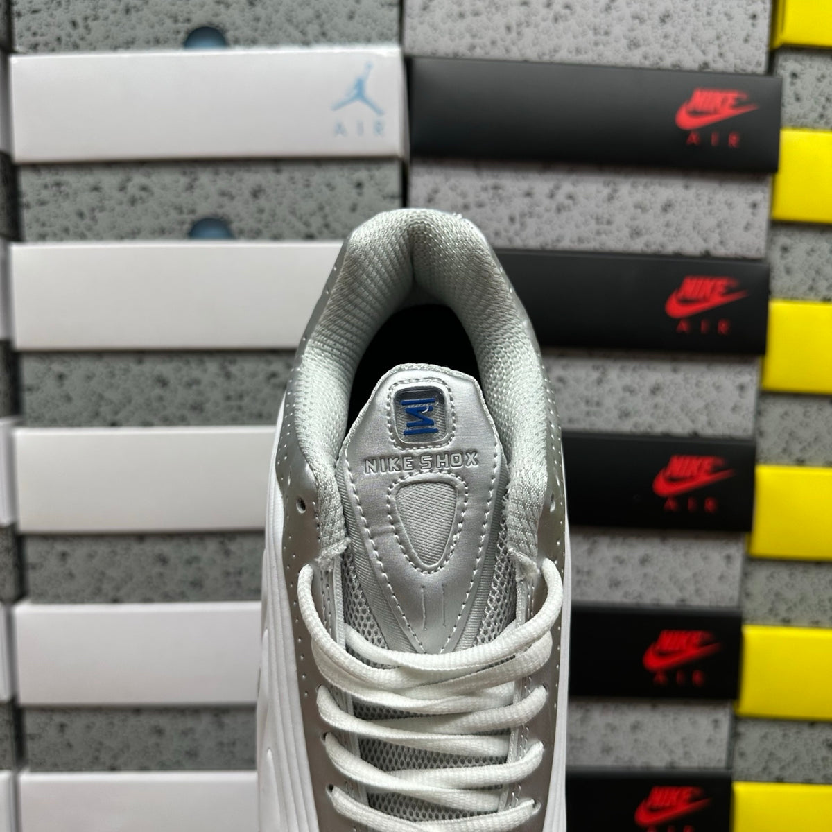 Nike Shox R4 White, Metallic Silver, and Royal Blue