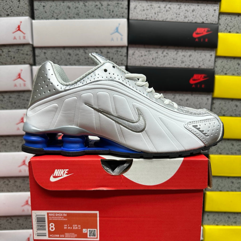 Nike Shox R4 White, Metallic Silver, and Royal Blue