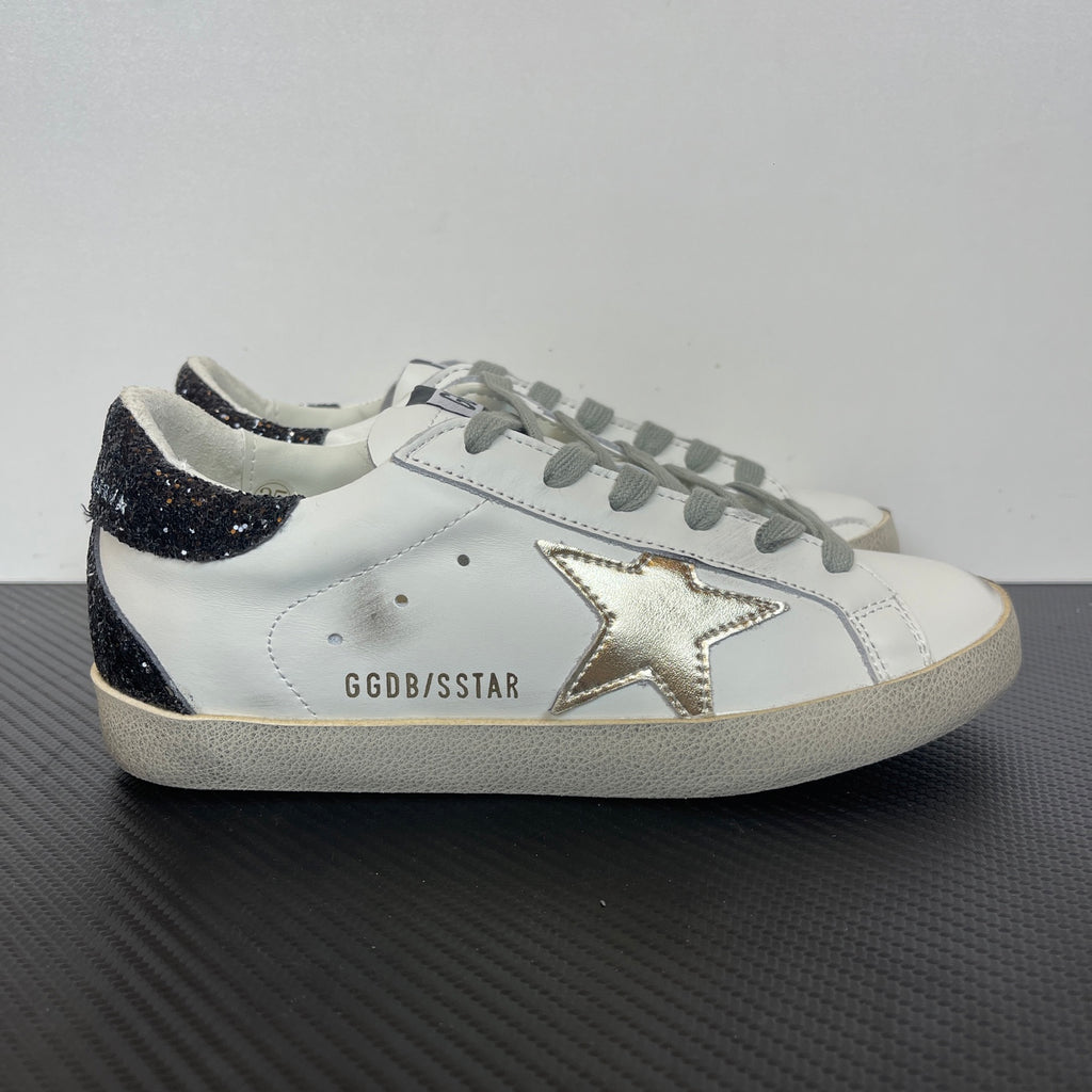 Women's Golden Goose Super-Star Golden Star and black glitter heels tab