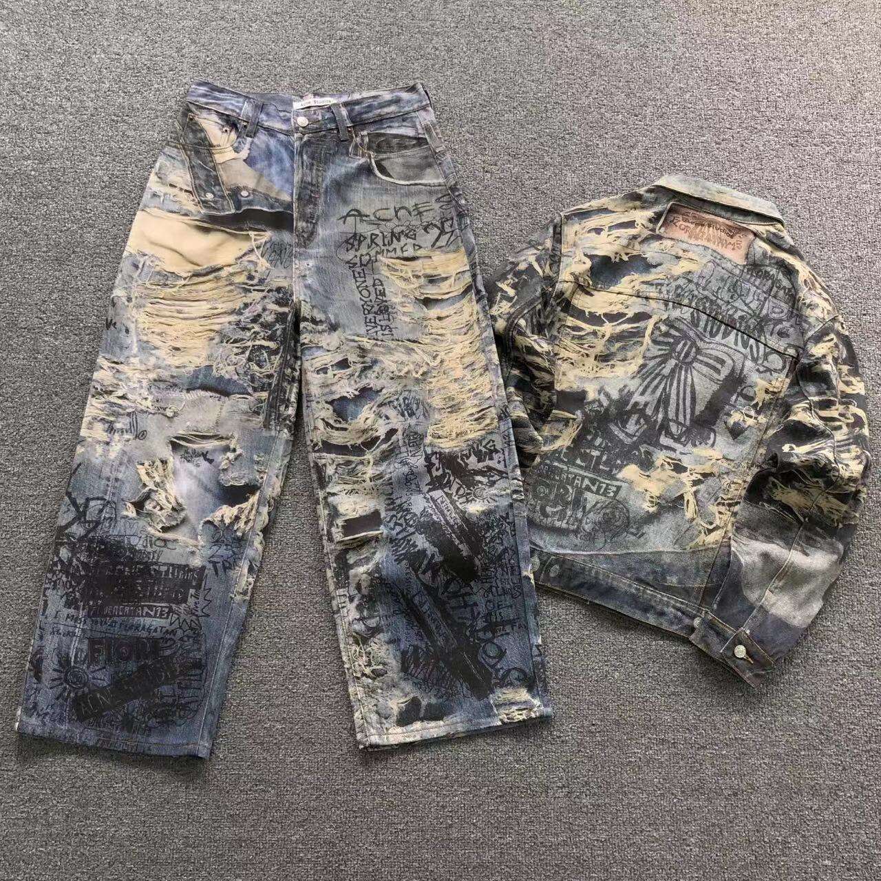 Acne Studios Torn Scribble Print Baggy Jeans
