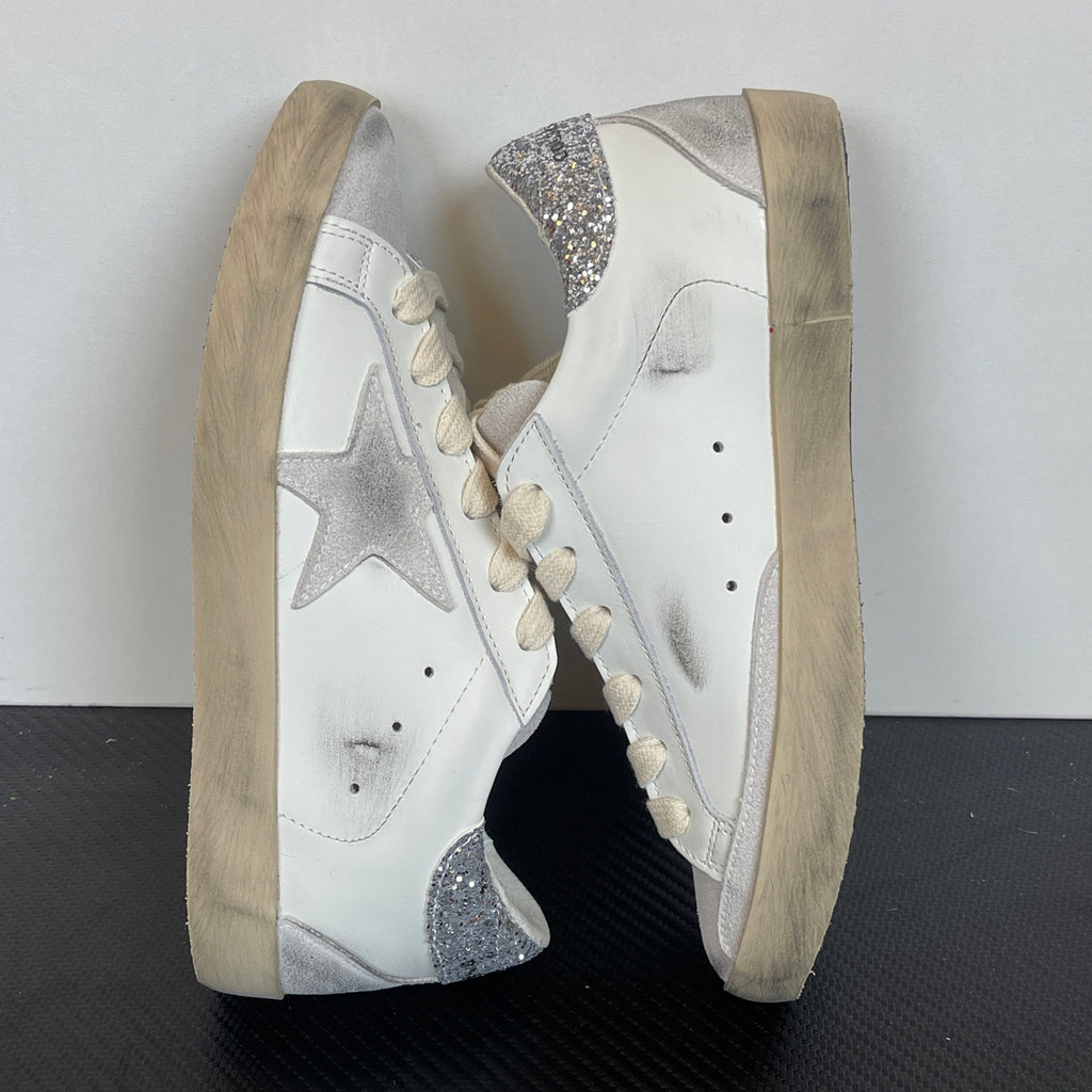 Women's Golden Goose Super-Star  Silver Glitter heels tab