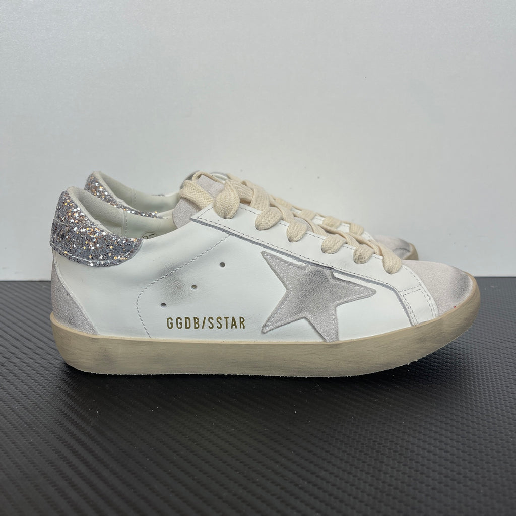 Women's Golden Goose Super-Star  Silver Glitter heels tab