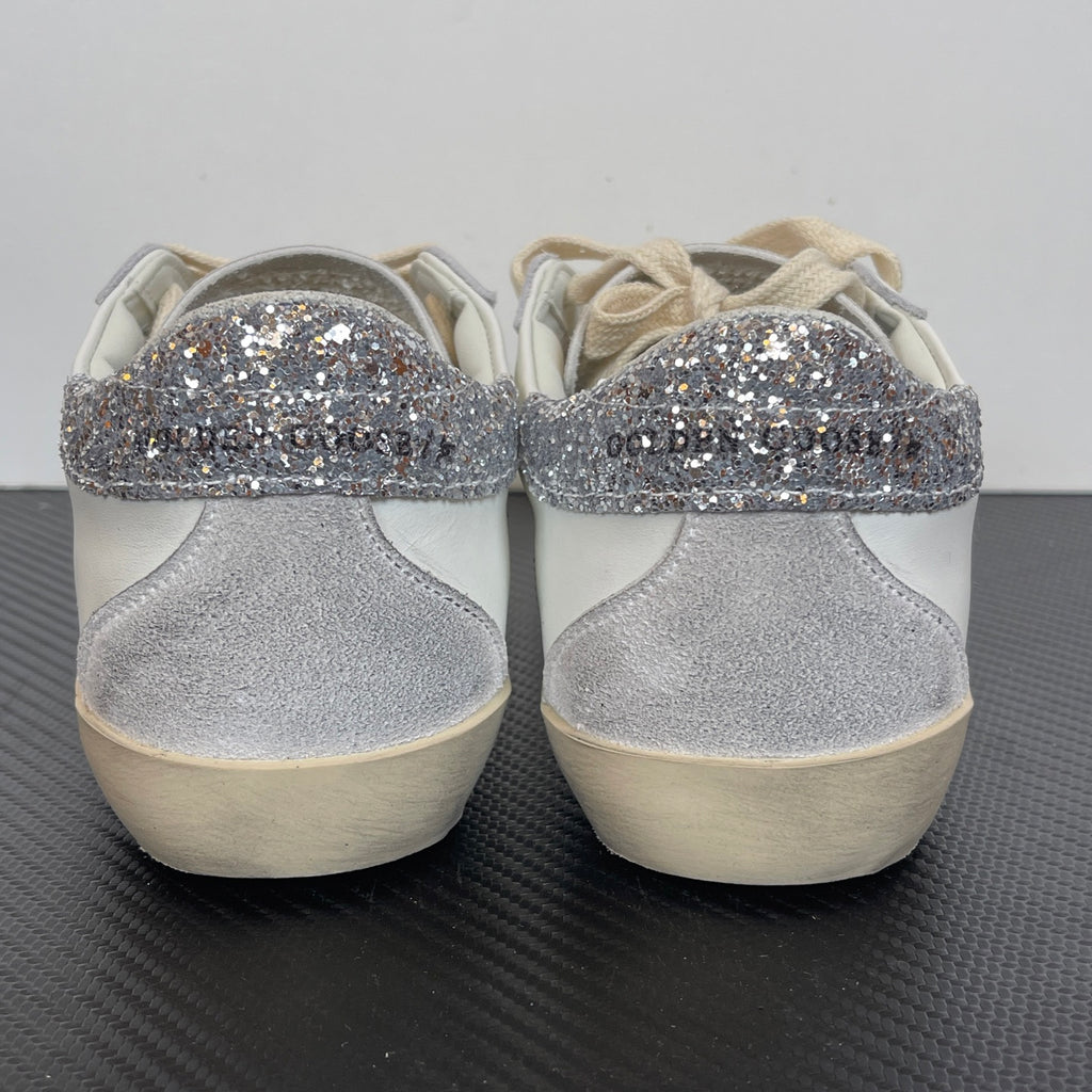 Women's Golden Goose Super-Star  Silver Glitter heels tab