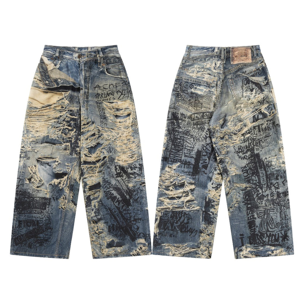 Acne Studios Torn Scribble Print Baggy Jeans