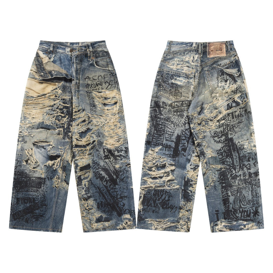 Acne Studios Torn Scribble Print Baggy Jeans