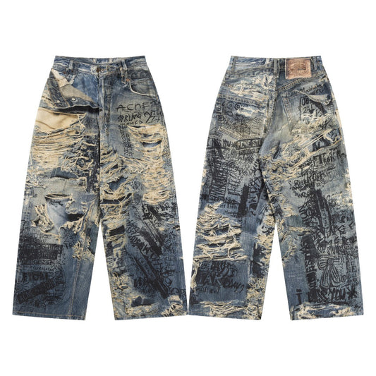 Acne Studios Torn Scribble Print Baggy Jeans