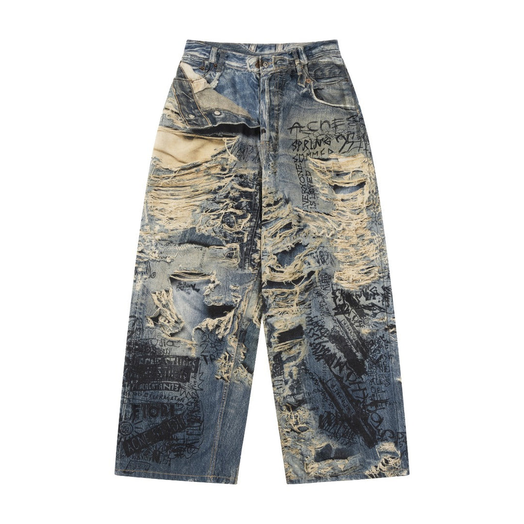 Acne Studios Torn Scribble Print Baggy Jeans