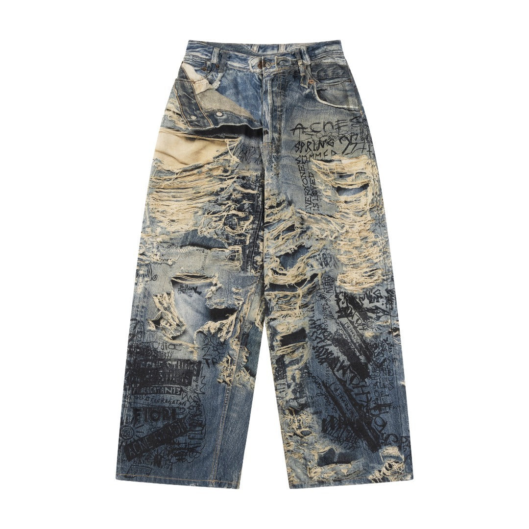 Acne Studios Torn Scribble Print Baggy Jeans