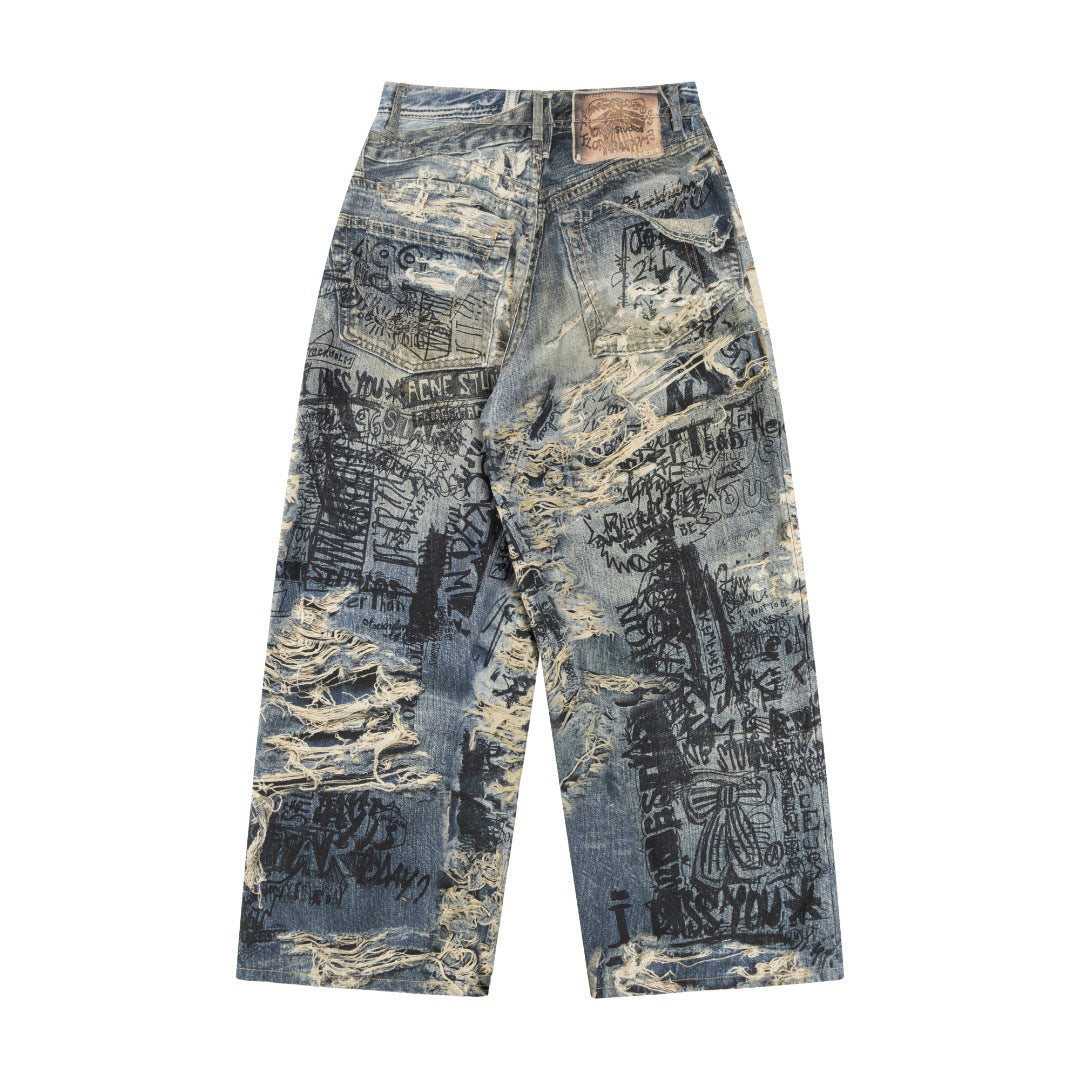 Acne Studios Torn Scribble Print Baggy Jeans
