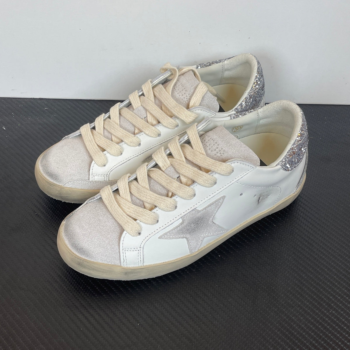 Women's Golden Goose Super-Star  Silver Glitter heels tab