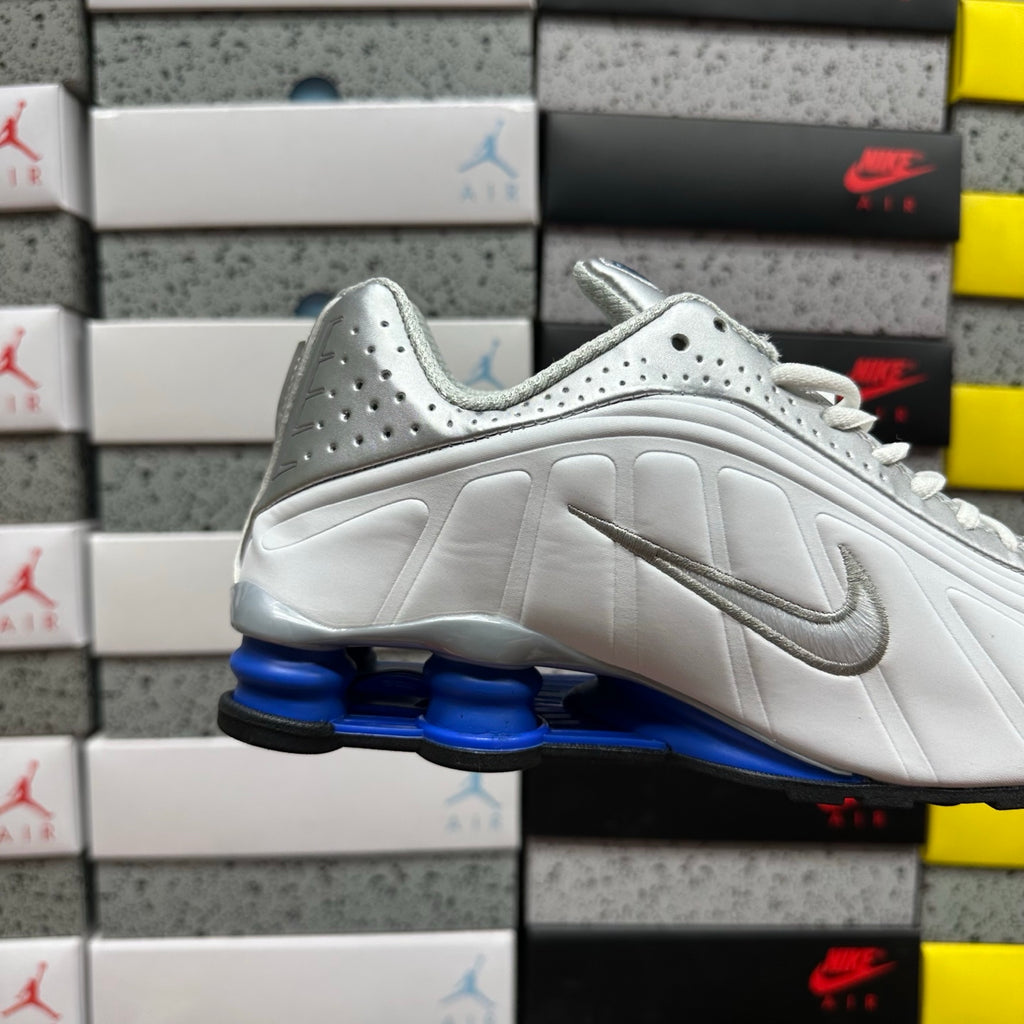 Nike Shox R4 White, Metallic Silver, and Royal Blue